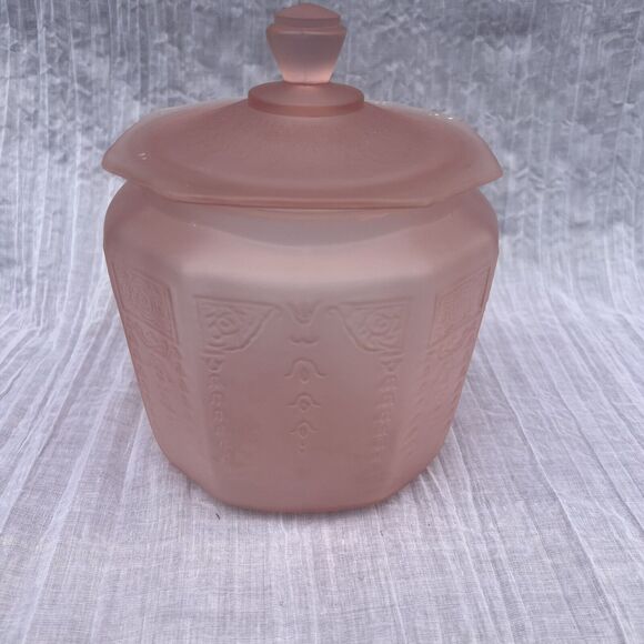 Vintage Pink Satin Depression Glass Frosted Princess Cookie Biscuit Jar With Lid - Picture 4 of 13